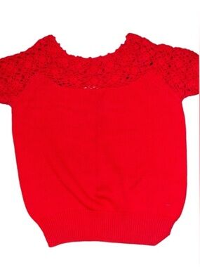 Loulou Studio Red Crochet Yoke Short-Sleeve Knit Top